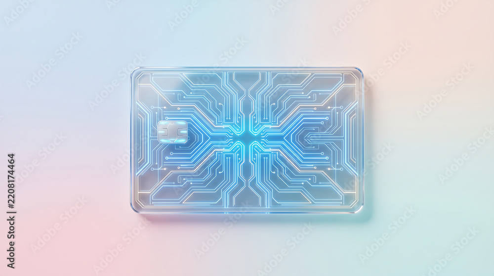 Fototapeta premium Futuristic transparent glass credit card with glowing blue digital circuit design