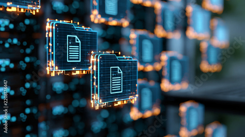 Close-up of glowing document icons being sorted into labeled folders by an unseen automated system, dark tech backdrop