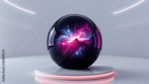Glossy sphere displays nebula inside. Platform glows with pink light. Minimalist studio setting creates dramatic effect.