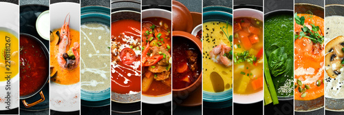 This vibrant photo collage of assorted delicious hot soups is perfect for a restaurant menu, culinary blog, or healthy eating website banner.