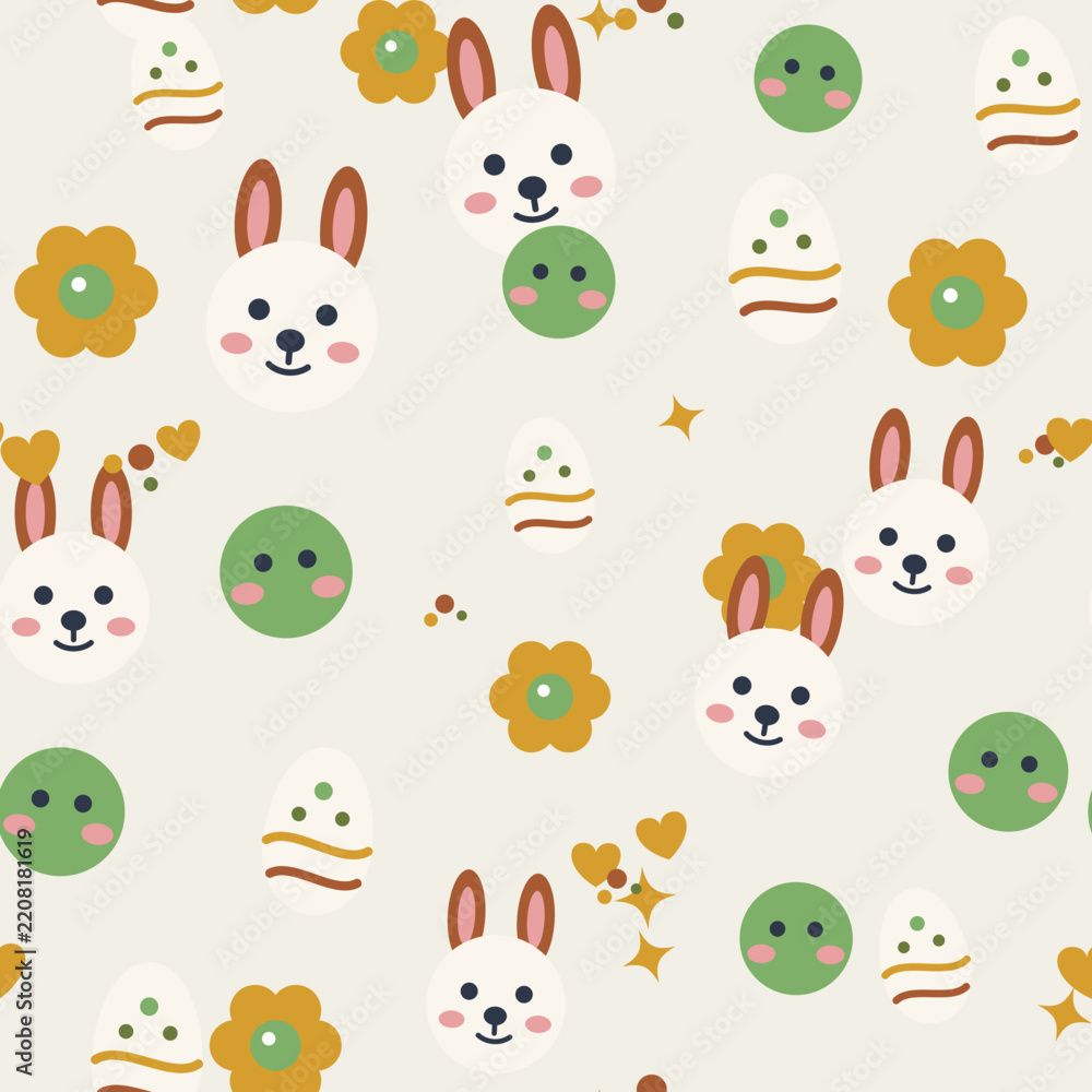 Obraz premium Seamless happy easter nursery pattern featuring a bunny, chick, decorated egg and spring flowers, in a soft forest tales palette. Cute vector background for baby fabric, wallpaper and textile design.