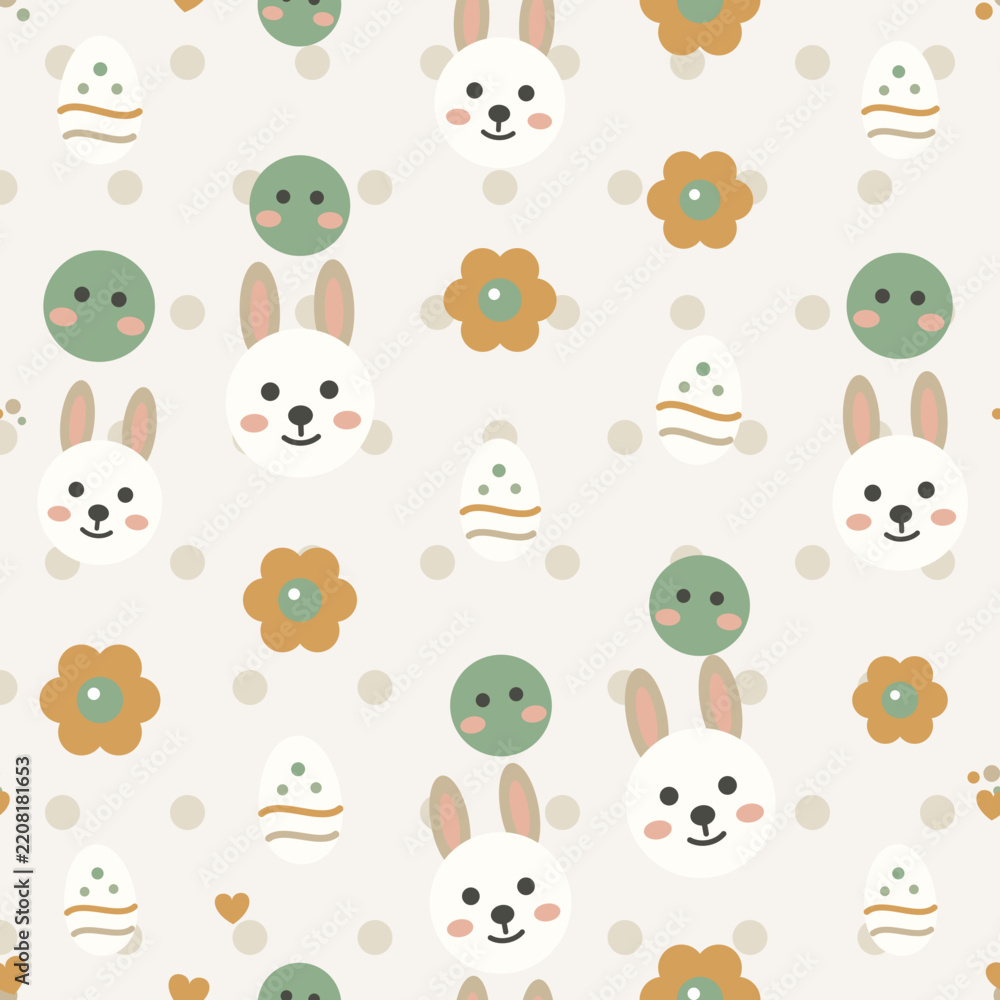 Obraz premium Seamless happy easter nursery pattern featuring a bunny, chick, decorated egg and spring flowers, in a soft gender neutral sand palette over a delicate polka dot backdrop.