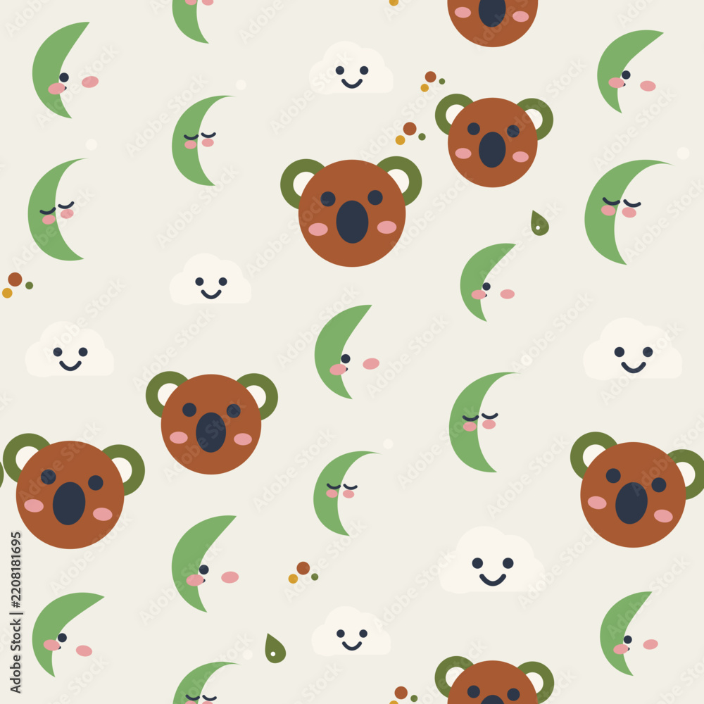 Fototapeta premium Seamless koala naps nursery pattern featuring a sleepy koala, crescent moon and soft clouds, in a soft forest tales palette. Cute vector background for baby fabric, wallpaper and textile design.