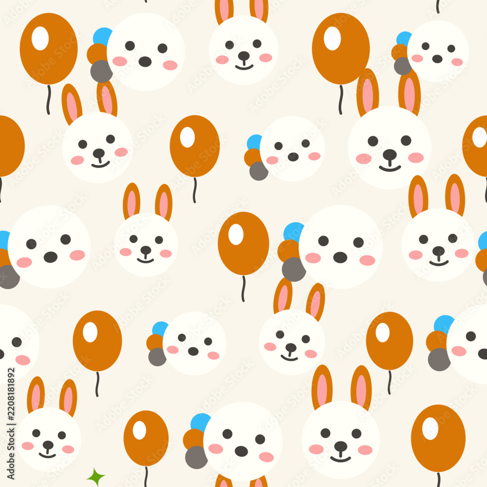 Obraz premium Seamless sweet dreams nursery pattern featuring a bunny, unicorn and floating balloons, in a soft honey oat palette. Cute vector background for baby fabric, wallpaper and textile design.