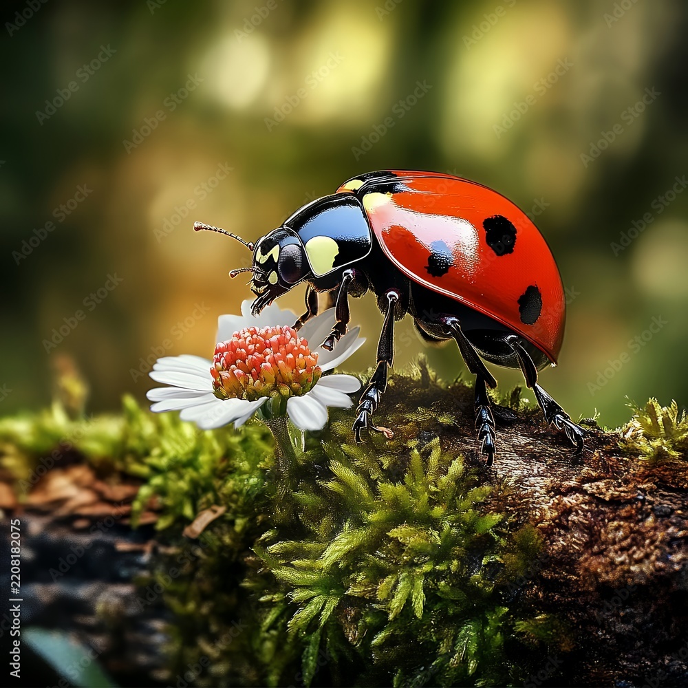 Obraz premium A vibrant ladybug crawls on a daisy flower, highlighting the beauty of nature and small creatures
