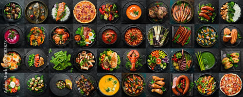 Photo collage of food on plates. Banner with a lot of images of dishes and snacks. On a black background. Top view. Wide horizontal image.