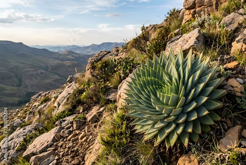 Lesotho Spiral Aloe Aloe Polyphylla in Natural Mountain Landscape