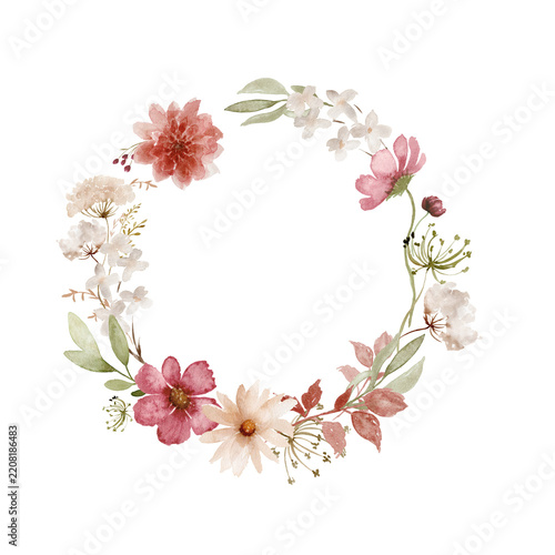 Romantic Watercolor Floral Wreath with Red and Golden Flowers