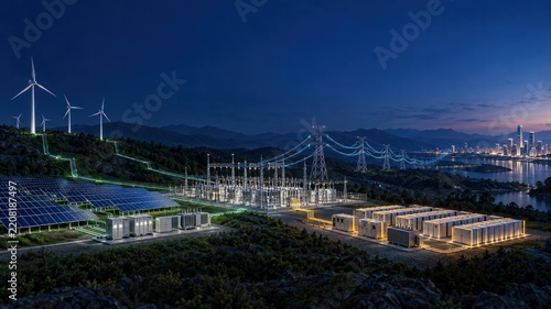 Smart grid infrastructure integrating solar farm wind turbines and bess battery storage with substation at night