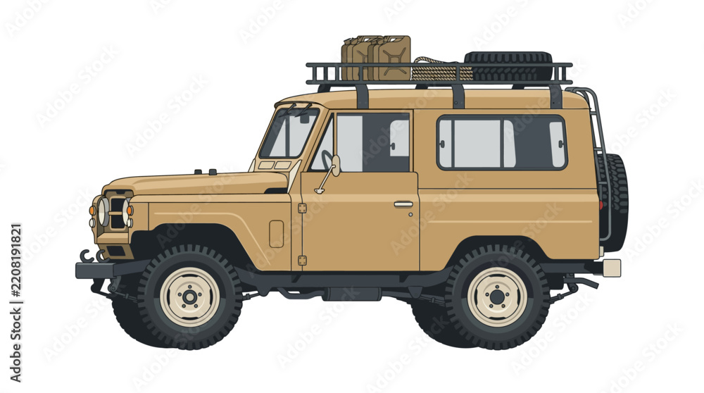 Obraz premium Retro off-road vehicle loaded for adventure.