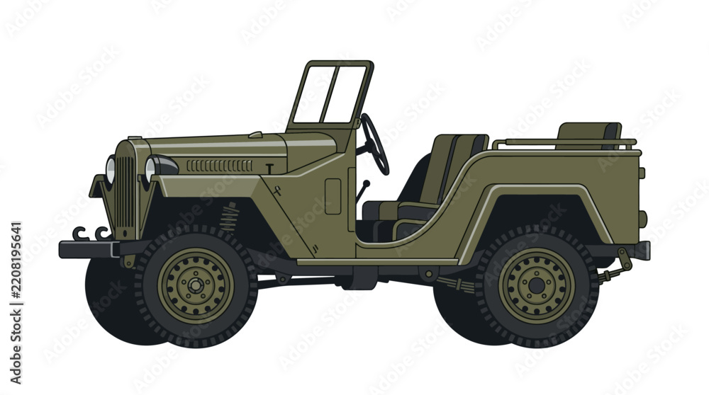 Fototapeta premium Vintage military jeep, side view, flat illustration.