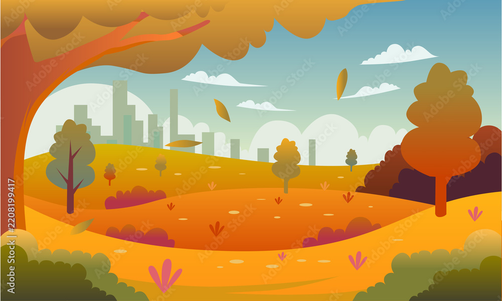 Fototapeta premium Autumn Landscape with Colorful Trees, Winding Path and City Skyline in the Background. Romantic Autumn Landscape with Couple Walking Hand in Hand Along a Scenic Country Path