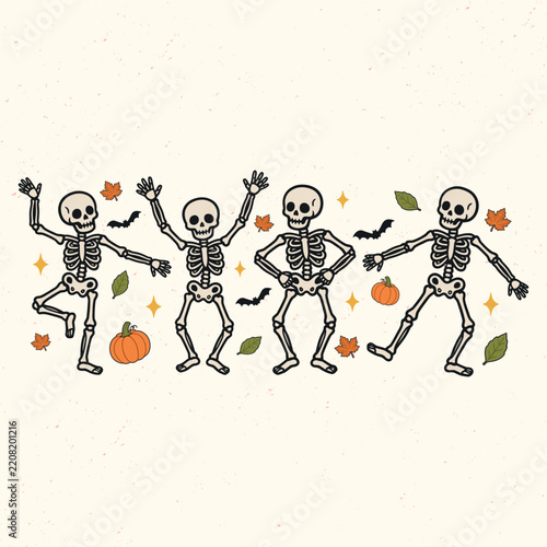 Dancing skeletons with autumn leaves and pumpkins for a fun and spooky halloween t-shirt design