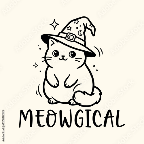 Meowgical, cute cat wearing a  witch hat - Halloween quotes t shirt design