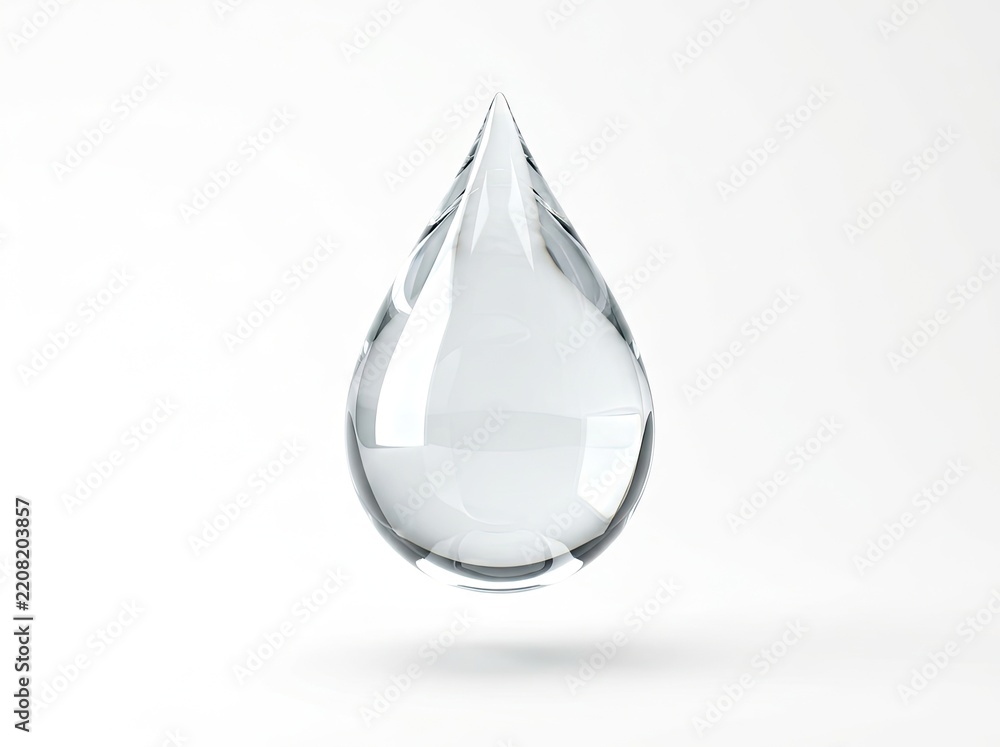Obraz premium Single clear water drop 3D render isolated on white background, transparent glass droplet with soft shadow