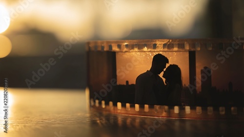 silhouette of couple in film strip against sunset background