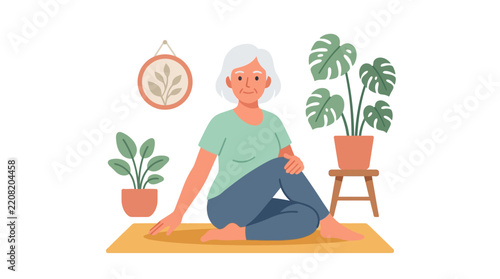 An elderly woman gracefully practices a seated yoga pose, surrounded by potted plants, symbolizing health and wellness in later life.