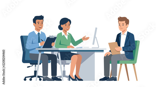 Three professionals are engaged in a formal meeting or interview around a desk, with two conducting and one being interviewed.