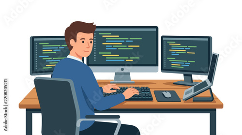 A focused male programmer sits at a desk with multiple monitors displaying code, actively typing on a keyboard, illustrating the concept of software development and technology work.