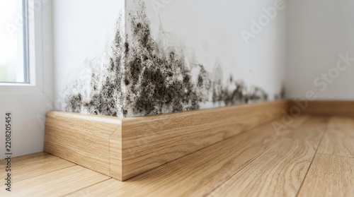 Close up of dark mold fungus spreading on a wall above wood baseboard.