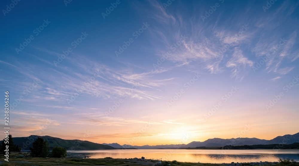 Fototapeta premium Stunning Sunset Over a Peaceful Lake with Mountain Silhouettes and Wispy Cirrus Clouds in a Colorful Sky
