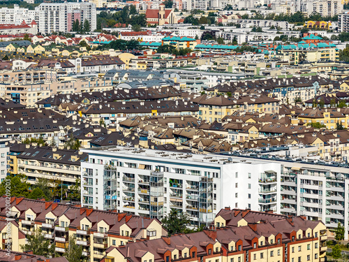 Panoramic aerial view of Ursynow residential district with Kabaty quarter developments in Warsaw in Poland