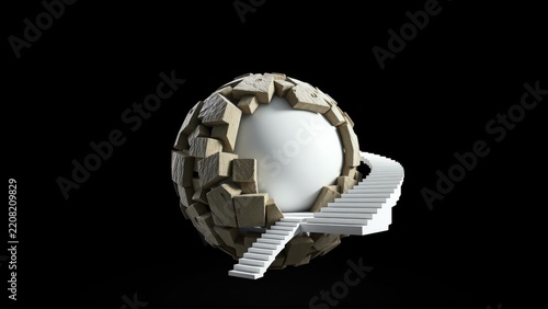 Sphere partially broken, revealing bright interior. Stairs ascend from exterior, creating surreal composition. Minimalist, dark background.
