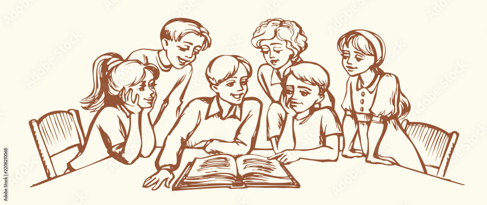 Obraz premium Vector drawing. Kids reading a book