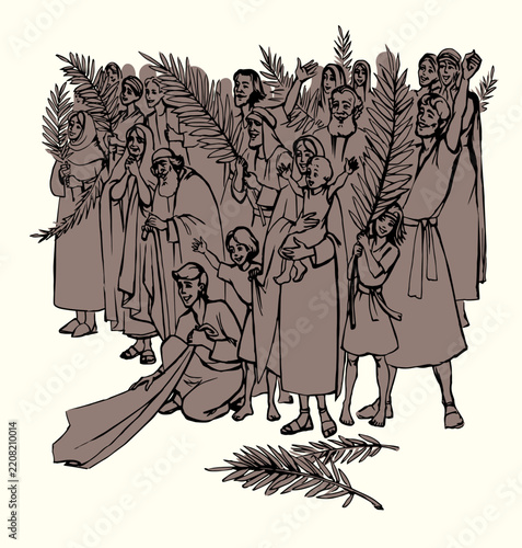 Obraz na płótnie Crowd with palm branches. Vector drawing