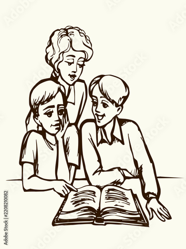 Obraz na płótnie Vector drawing. Kids reading a book