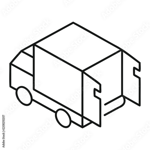 Isometric view of open back truck, cargo transport and delivery service vehicle outline.