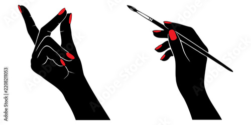 Elegant female hands with red nails black silhouette set with graceful gesture and paintbrush in bold graphic art style