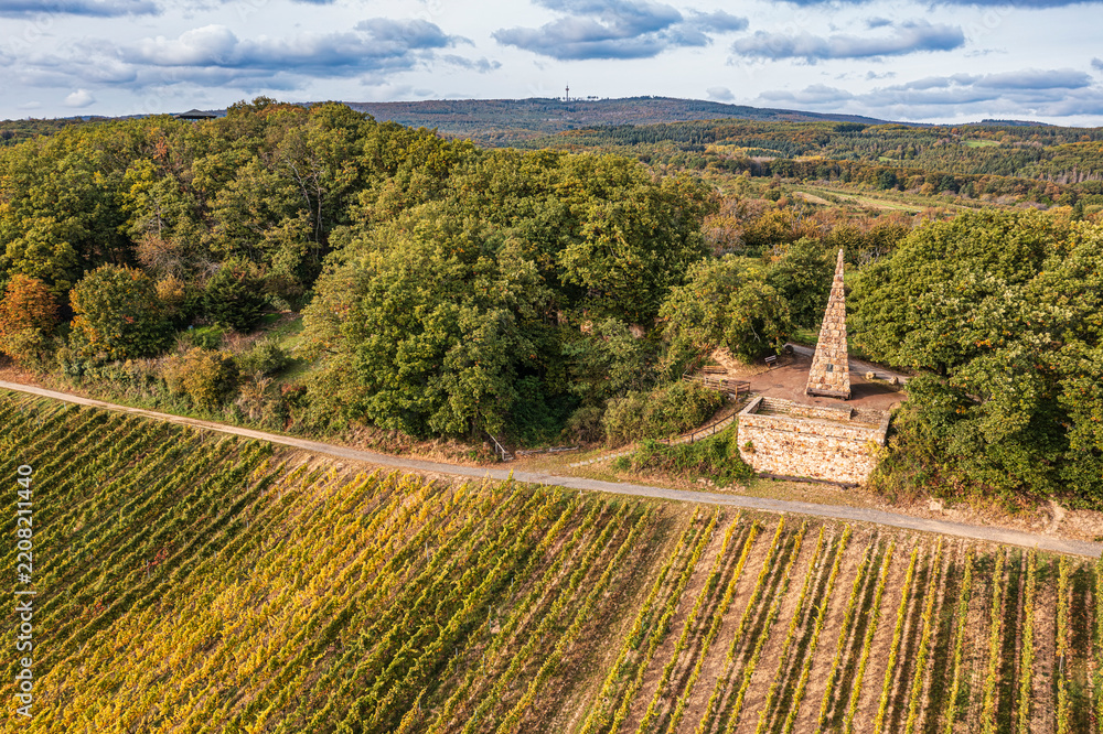 Obraz premium Bird's-eye view in autumn of the so-called Goethe Stone above the vineyards of Frauenstein in the Rheingau region.