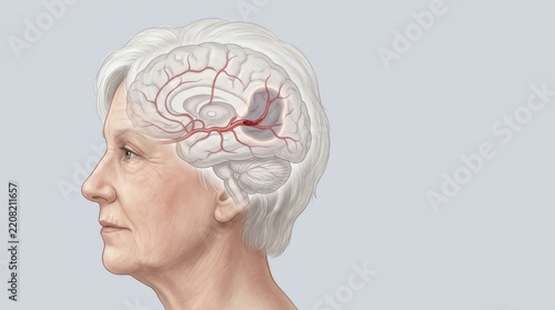 Medical illustration of ischemic stroke in elderly woman. Brain anatomy showing blood clot blocking cerebral artery