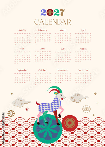2027 Chinese Zodiac Goat Calendar with Wave Pattern