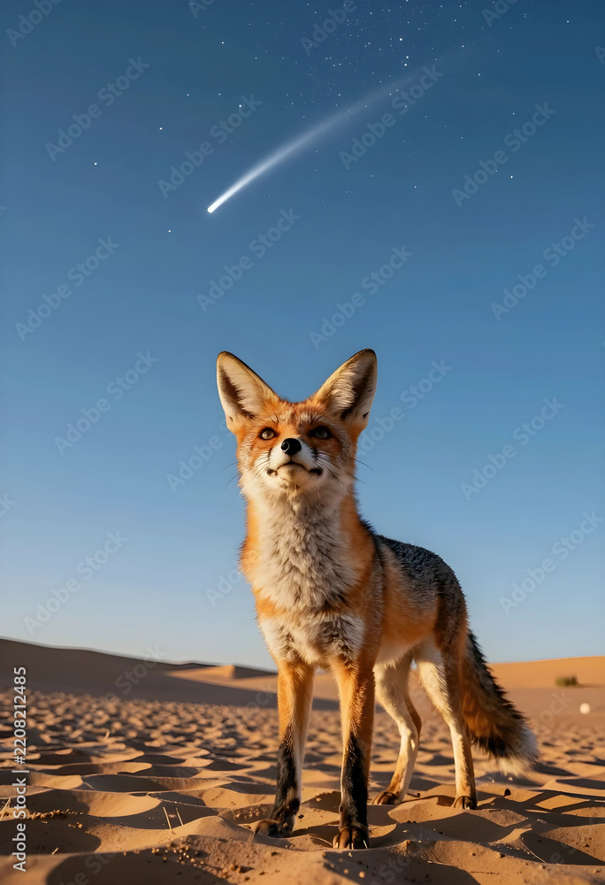 Obraz premium Wonder and discovery concept, red fox standing in desert sand dunes looking at a shooting star in the night sky with celestial magic and exploration