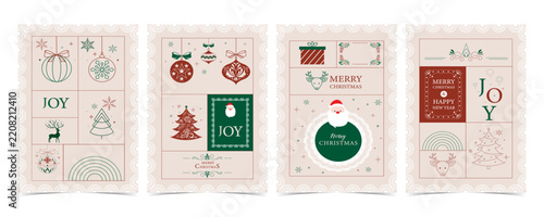Geometric Christmas Card Set with Bauble Santa and Reindeer