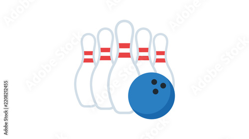 Bowling pins and blue bowling ball flat vector illustration on white background