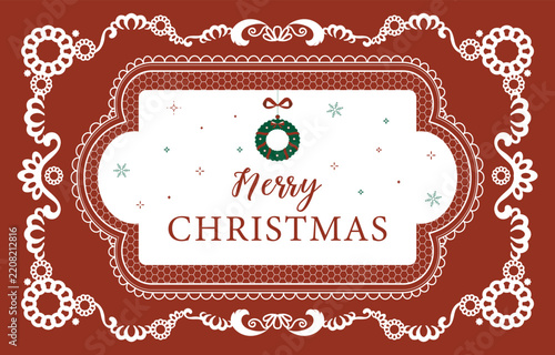 Red Christmas Lace Banner with Wreath and Ornate Frame