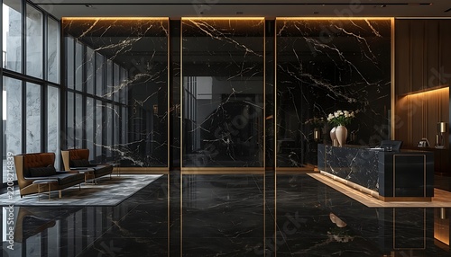 Luxurious lobby interior with black marble walls, gold accents, and seating.