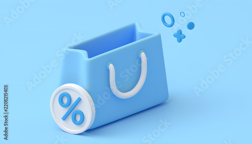 E-commerce Promotion 3D Shopping Bag Icon with Discount Percentage Symbol.