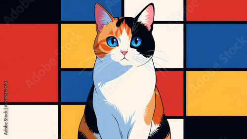 Charming Calico Cat with Bright Blue Eyes Against a Modern Abstract Grid Background.