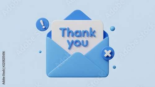 3D Rendered Blue Envelope with Thank You Message for Gratitude and Communication.