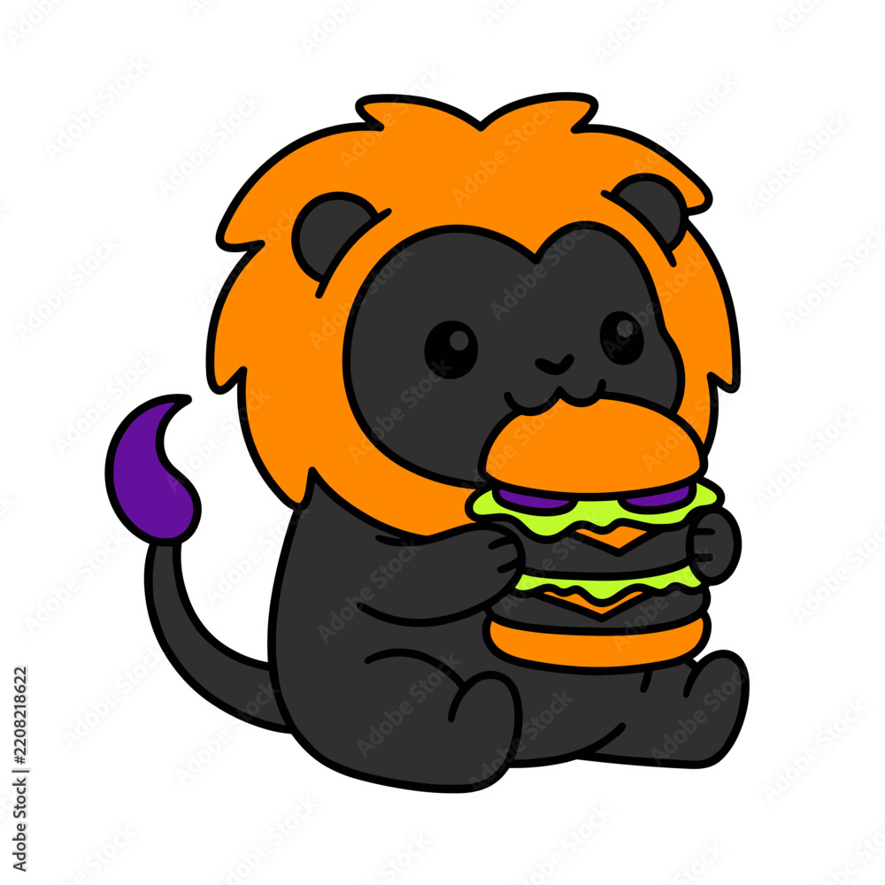 Fototapeta premium Kawaii black lion character sitting and eating a large cheeseburger