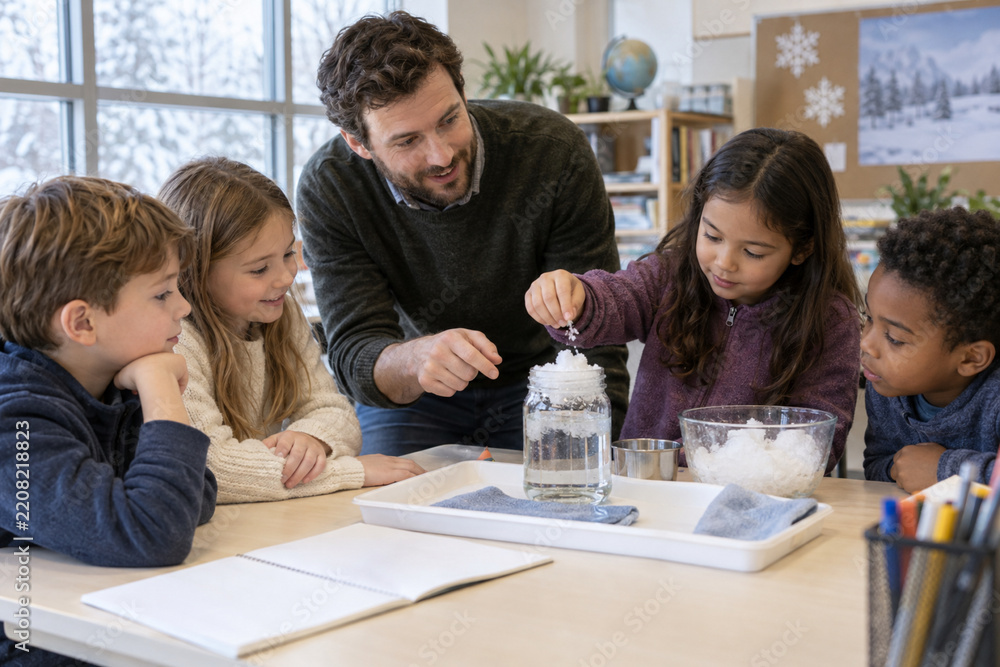 Fototapeta premium Male teacher guiding children through a winter weather experiment