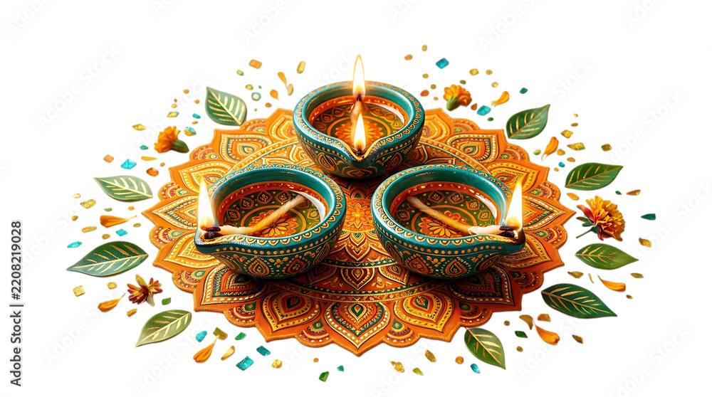 Fototapeta premium Colorful Diwali candles on a decorative plate with flowers and leaves, PNG with transparent background