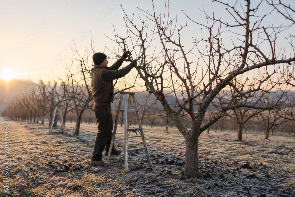 Obraz premium Quiet winter orchard with low pruning ladders and a worker in clothing