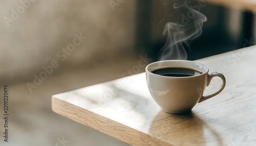 Steaming cup of black coffee on a wooden table for morning breakfast