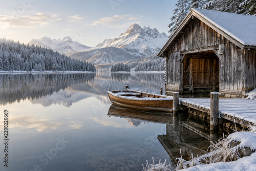 A frosted wooden rowing boathouse beside a still winter lake