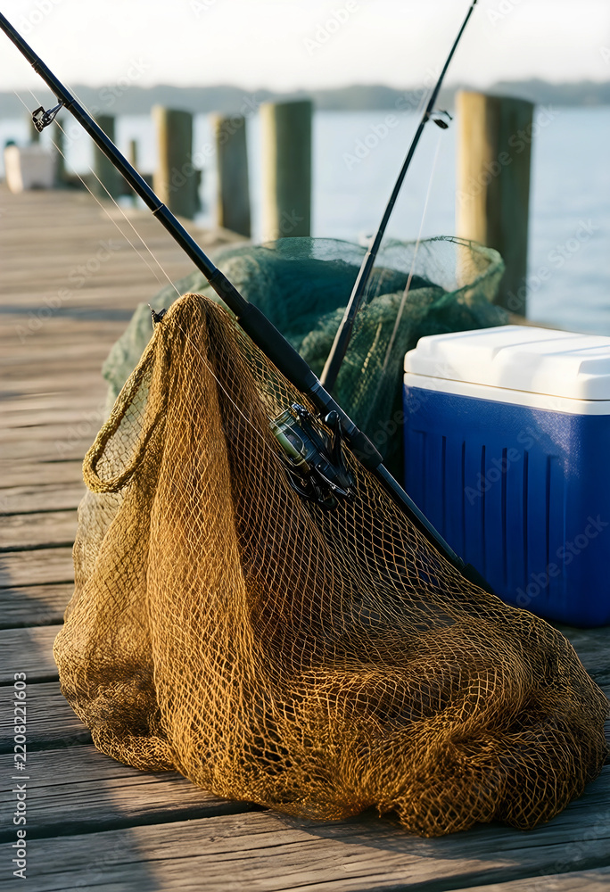 Fototapeta premium Recreational fishing and outdoor leisure, fishing rod with net and cooler on a wooden pier at sunrise for hobby and travel lifestyle photography